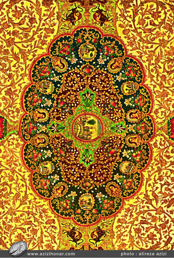 تصاویر بخش هایی از نقاشی و نگارگری روی سقف در موزه ی جهان نما واقع در مجموعه ی فرهنگی تاریخی نیاوران-تهران